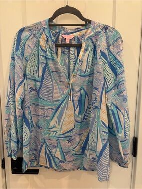 Lilly Pulitzer Blue Multicolor Sailboat Peasant Blouse
